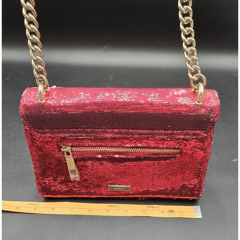 Aldo Red Sequent Handbag W/ Yellow Metal Chain Adjustable‎ Evening Event Purse